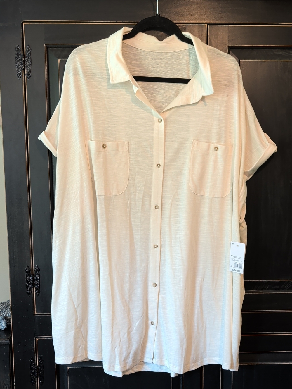 Sonoma Cream Short-Sleeve Button-Front Pocket Shirt -NWT